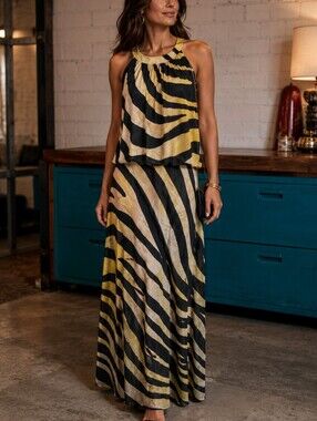 Chicos Golden Zebra Print Sleeveless Layer Maxi Dress, Animal Print, sz 1
